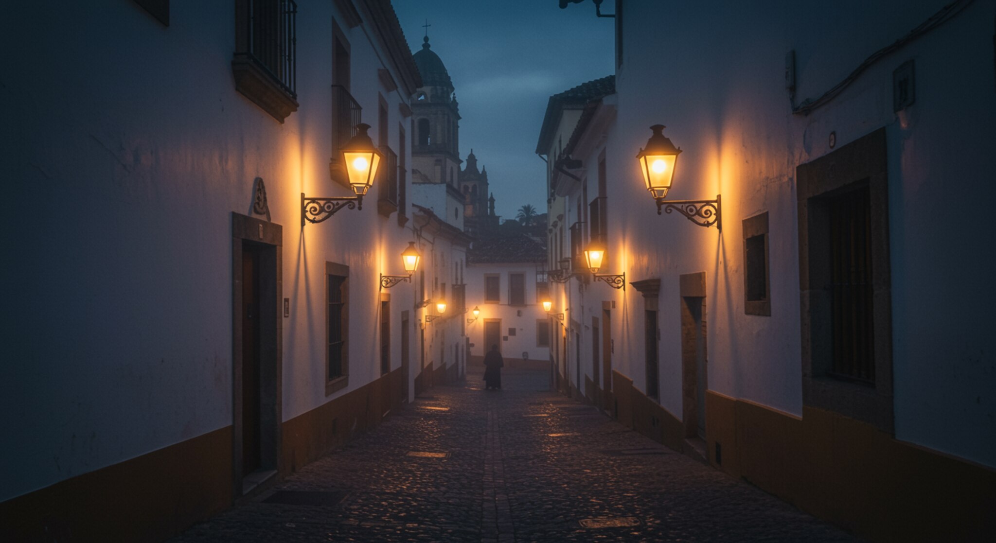 crea gabinete 2 "Escena dramática en el distrito de Santa Cruz con un callejón empedrado iluminado por faroles antiguos, evocando misterio y arquitectura gótica."