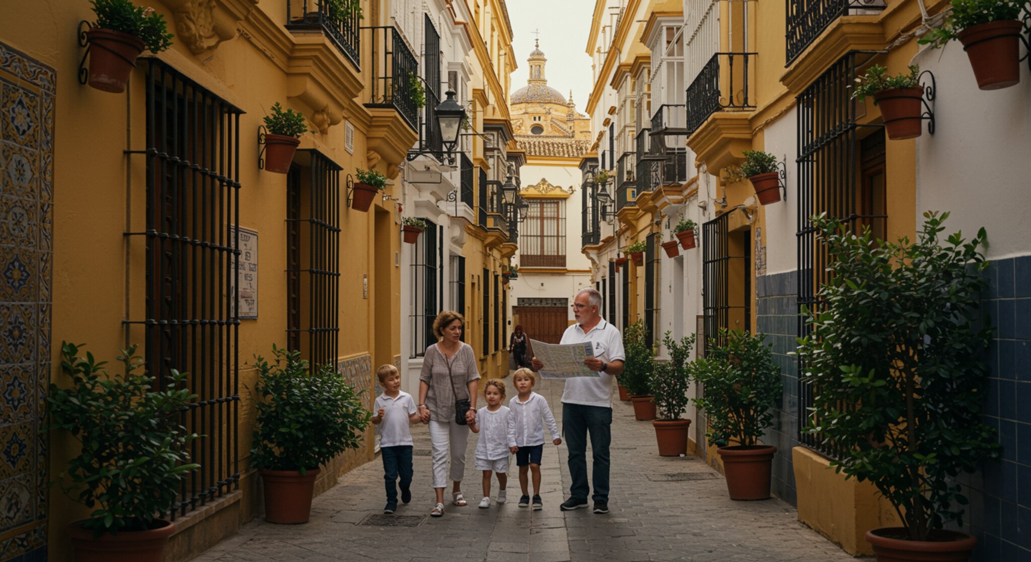 crea gabinete 3 "Familia blanca paseando por una calle pintoresca de Sevilla con un guía privado que consulta un mapa y explica los monumentos en un ambiente íntimo y soleado."